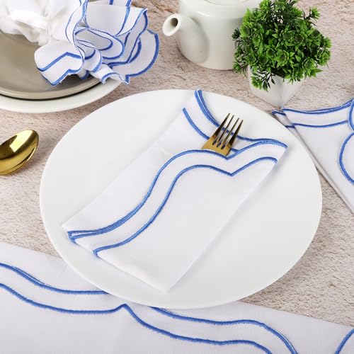 NATURALCRAFT Scalloped Cloth Napkins 18x18 in - White Edges Light Blue - color: White Napkin With- Light Blue Edges, size: 18" x 18" (Set of 6)