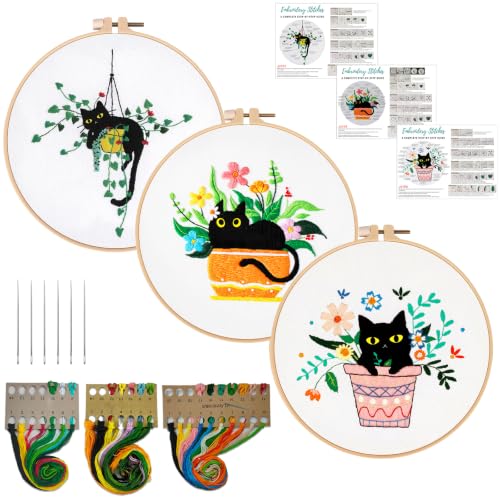 Nuberlic 3 Pack Embroidery Kit for Beginners with Cat Pattern - color: Cute Cat