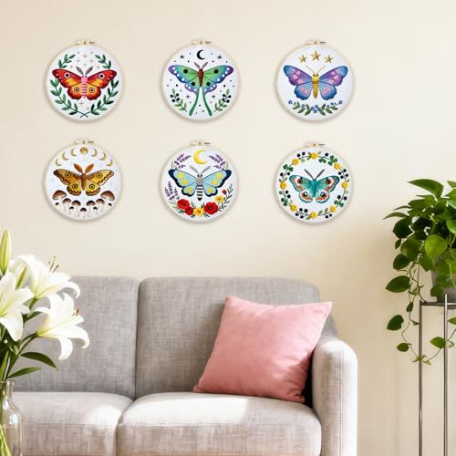 BEUNITONE 6 Set Moth Embroidery Kit for Adults Beginners, DIY Needlepoint Craft Kits with Instructions and Hoops, Complete Starter Set for Adults, Handmade Embroidery for Gifts and Home Decor 20x20cm - style: Moth