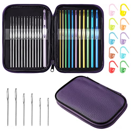 Tomorotec 41Pcs Multi-Color Metallic Crochet Hooks Set, Art Aluminum Knitting Needles for Yarn Craft Set with Sylish Storage Bag, Stitch Markers and Big Eye Needles (Purple Bag) - color: Purple Bag