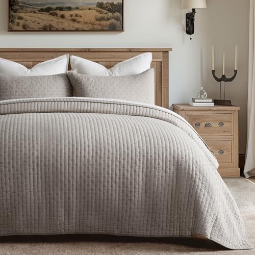 EVERGRACE 100% Cotton Cross Stitch 3-Piece Quilt Set, Queen, Taupe - color: Taupe, size: Full/Queen (92" X 96")