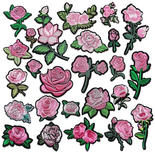 25pcs Rose Iron on Patches, Assorted Sizes Pink Floral Embroidered Patches Applique for Clothes Hats Jeans Jacket - color: Pink Rose