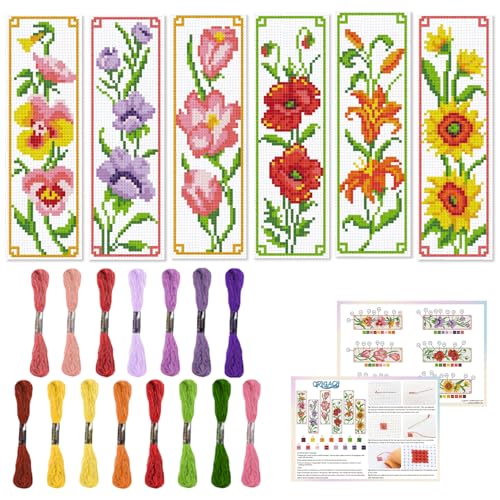 ORIGACH 6 Set Flowers Cross Stitch Bookmark Kit for Beginner - style: Flowers