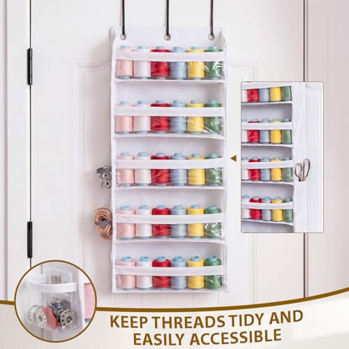 Tegeme 5-tier Hanging Thread Holder with PVC Window & Side Pocket,White - color: White