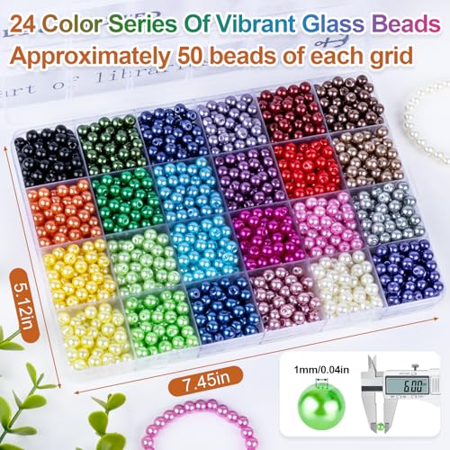 XSEINO About 1200+ PCS 6mm Imitation Pearl Style Glass Beads Bracelet Making Kit, 24 Assorted Colors Imitation Pearl Series Crystal Beads for Jewelry Making and DIY Crafts, Friendship Bracelets - color: Pearl Glass Beads