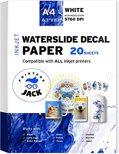 Printers Jack Water Slide Decal Paper Inkjet WHITE 20 Sheets A4 Size Premium Water-Slide Transfer Paper Printable Water Slide Decals for Tumblers, Mugs, Glasses DIY - color: Inkjet White, size: 20 Sheets 8.27 x 11.69 inches