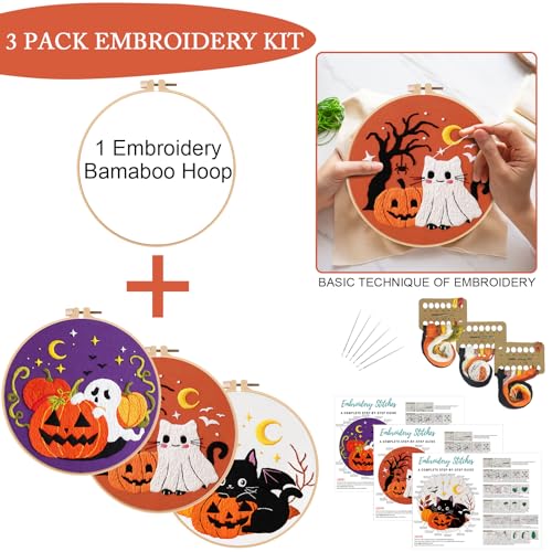 Nuberlic 3 Pack Halloween Embroidery Kit for Beginner Adults - color: Halloween