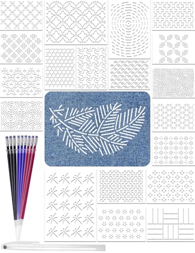 Gezan 20 Pcs Sashiko Stencils 8.3 x 5.9 Inch Plastic Sashiko Template Pattern Geometric Embroidery Stabilizers Drawing Line Template for Hand Quilting Sewing