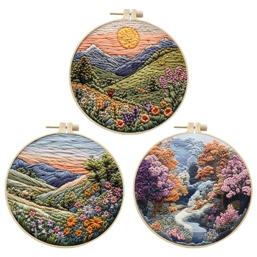 EUBUY Landscape Embroidery Kits for Beginners, Embroidery Kits for Beginners Adults, Beginners Embroidery Starter Kit with Pattern, Needle Thread DIY Embroidery Material Kit - color: Type 5
