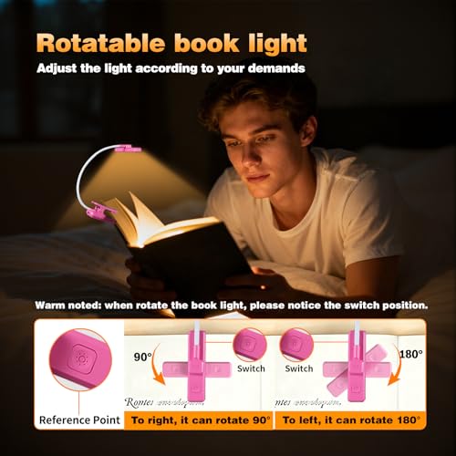 VAVOFO 24 LEDs Rotatable Book Light, Rechargeable Clip Reading Lamp, Rose - color: Rose