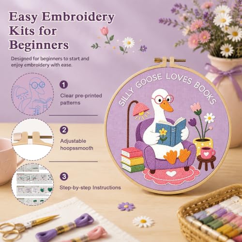 Louise Maelys 3 Pack Embroidery Kit for Beginners, Fun Silly Goose Design - color: Silly Goose