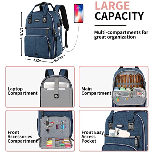SINVICKO Crochet Bag, Knitting Bag Backpack and Totes Organizer with USB Charging Port, Large Yarn Storage Tote Bag - color: Blue