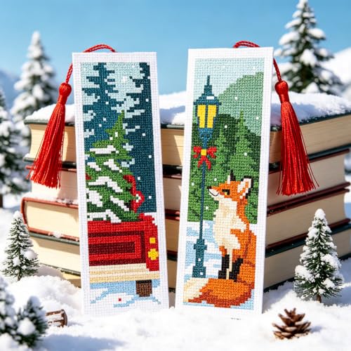 ACRNIGHEET 6PCS Cross Stitch Bookmark Kit (Winter Forest Pattern) - style: Winter Forest with Tassel