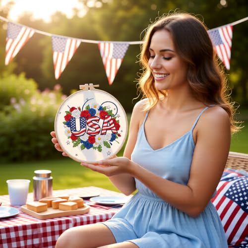 Embroidery Kit for Beginners & Adults Starter Kit, Cross Stitch Kits,DIY Hand Embroidery Needlepoint Set with Hoop, Pre-Printed Fabric, Threads and Instructions (USA) - color: USA