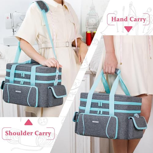 Double-Layer Sewing Organizer Bag with 2 Detachable Pouches and Dividers - color: Grey, size: L-13.5"