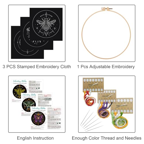 Louise Maelys 3 Sets Tarot Embroidery Kits for Beginners,Cross Stitch Kit for Adults,Crewel Starters Needlepoint with Moon, Butterfly, Bee and Moth Pattern and Tool - color: Tarot