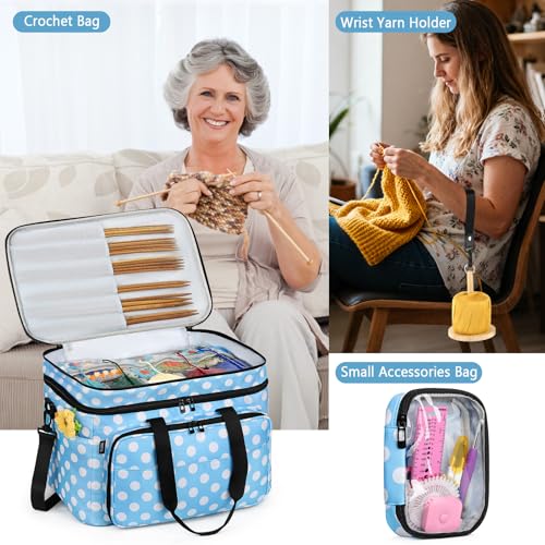 Crochet Organizer Bag with Yarn Holder, Large Yarn Storage for Accessories - color: Polka Dots