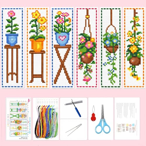 Zhenqing Indoor Flower Stamped Cross Stitch Bookmark Kit, 6 Potted and Hanging Plant Designs on 11CT Fabric for Beginners - color: Indoor Flower Bookmark