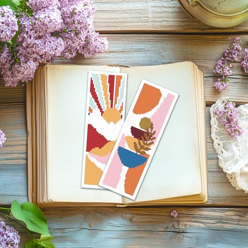 ACRNIGHEET 6PCS Cross Stitch Bookmark Kit for Beginner Boho Abstract Landscape Stamped Cross Stitch Kits for Adults Crossstitch Kits Adult Bookmarks with Instructions Hand Embroidery Craft Gift 11CT - style: Boho abstract patterns