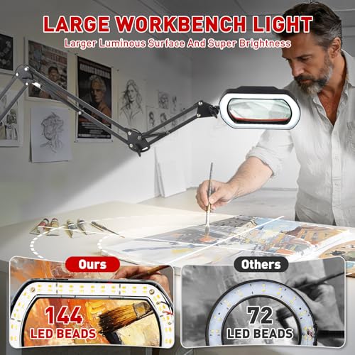 HITTI 12X Square Ultra Long Magnifying Glass with Light and Clamp - color: Red, size: 12X
