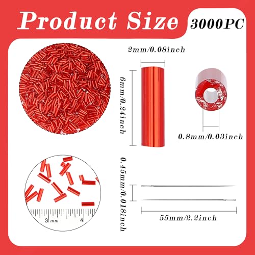 3000PC Red Glass Bugle Beads 6MM Red Tube Beads - color: red