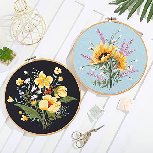 Santune 3 Pack Flower Embroidery Kit for Beginners Adults Cross Stitch Needlepoint Kits Hand Craft with Plant Patterns,3 Instructions,1 Hoop,Threads and 6 Needles - color: Tricolor Blooms