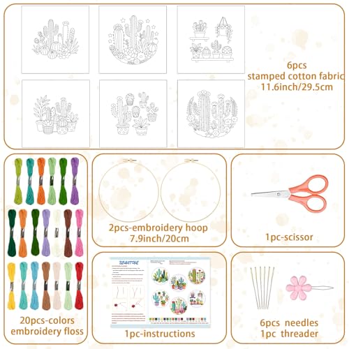 BEUNITONE Cactus Embroidery Kit for Beginners, 6PC Succulent Plant Themed Needlepoint Kits for Adults with Hoops, Threads, Needles, Instructions and Full Kits, DIY Home Decor Craft Gift for Adults - style: Cactus