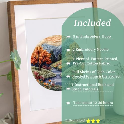FONNUY Embroidery Kit for Beginners, Boho Nature Landscape Pre-Stamped Pattern Kits for Adults with Hoop, Easy to Follow Color Thread Needlework, 8'' Hoop (Mountain Trail) - color: Mountain Trail