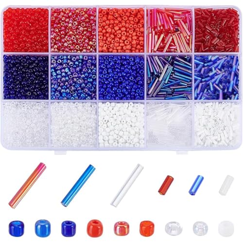 PH PandaHall 5000pcs+ 3mm Glass Seed Beads for 4th of July, 15 Style Patriotic Bead Bugle Beads Red Blue Bead for Jewelry Making Bracelet Necklace, DIY Craft, Sewing, Embroidery, Independence Day - color: Red White Blue