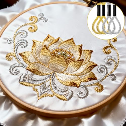 12 Skeins Metallic Embroidery Thread, Embroidery Floss Metallic Thread Glitter Threads String Cross-Stitch Threads for Sewing Making Yarn Hand Accessories(Gold+Silver)
