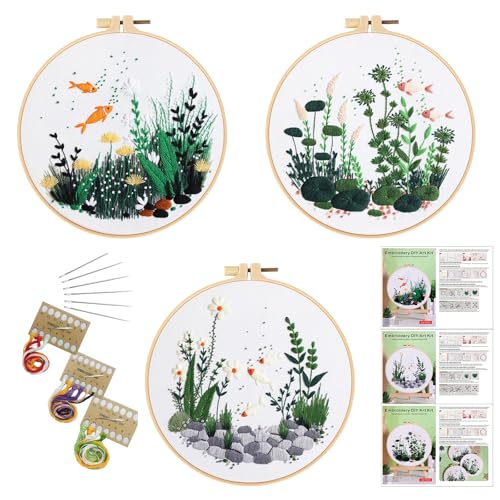 GLTAYLMY Fish Embroidery Kit for Beginners Adults,3 Set Cross Stitch Kits with 1 Plastic Embroidery Hoops,Needles and Color Threads,Needlepoint Kit for Hand Embroidery Starter - color: Cute Fish