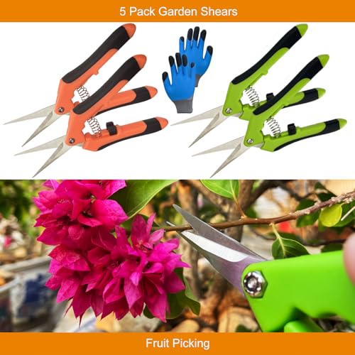 5 Pack Pruning Shears, Garden Shears with Gardening gloves, Garden Clippers Handheld, Straight Stainless Steel Garden Snips, Gardening Shears, Garden Scissors, Lengnoyp Pruners for Gardening