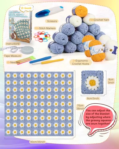 Coopay Crochet Kit for Beginners, Granny Square Blanket Kit, Blue-Purple - color: Blue-purple - Daisy
