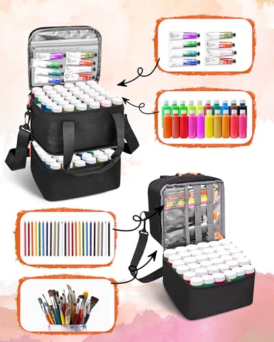 Acrylic Paint Organizer Bag for 72 Bottles (2 oz), Portable Acrylic Paint Storage Case with Shoulder Strap & Handle,Double Layer Art Supply Carrying Bag with Removable Dividers & Extra Pocket