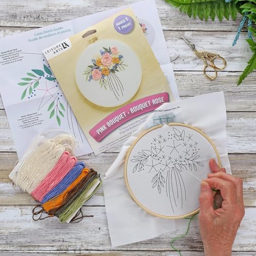 LEISURE ARTS Embroidery Kit, 3 Pc. Floral, 6" Embroidery Kit for Beginners and Adults, Cross Stitch Kits with Patterns, DIY Starter Kit for Hand Stitching Crafts