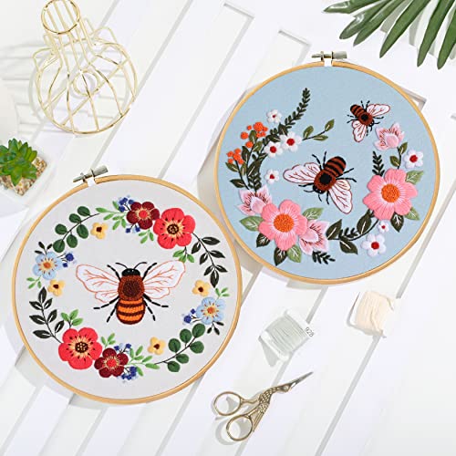 Santune 3 Pack Bee Embroidery Kit for Beginners Adult Cross Stitch Kits Hand Embroidery with Animal Patterns and Instructions,DIY Sets for Women with Hoop,Threads and Needles - color: Bee Series