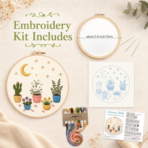 Nuberlic Potted Plant Embroidery Kit for Beginners - color: Botanical