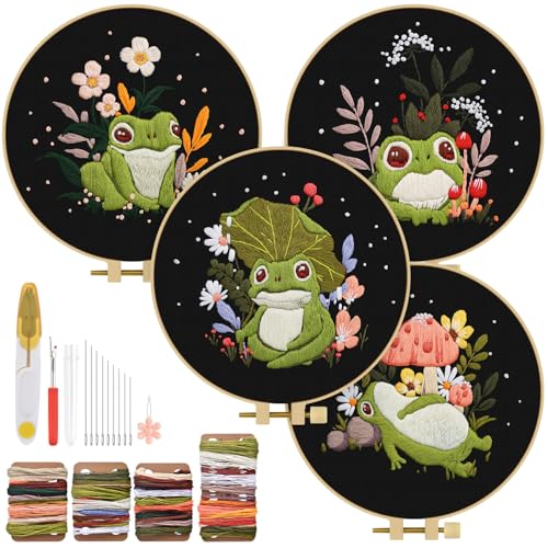 TINDTOP 4 Pack Embroidery Kit for Adult, Embroidery DIY Starter Kit - color: Frog
