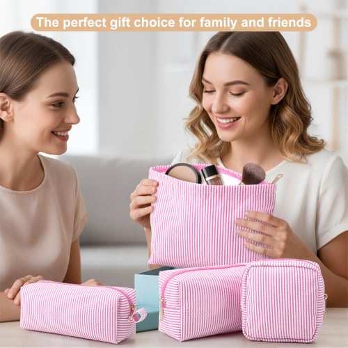 Sanwuta 4 Pcs Seersucker Pouch Striped Makeup Bag Set, Light Pink - color: Light Pink