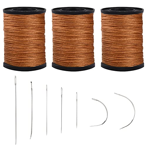 3Pcs Brown Upholstery Thread Heavy Duty, 7 Styles Curved Sewing Needles - color: Brown