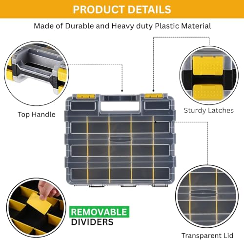 Andalus Tools Organizer Box, Small Parts Storage 34-Compartment Double-Sided Portable Hardware Organizer Removable Plastic Dividers for Screws, Nuts, Bolts, Nails – Yellow (1 Pack, 12.5" x 10.5" x 3") - color: Yellow, size: 1 Pack