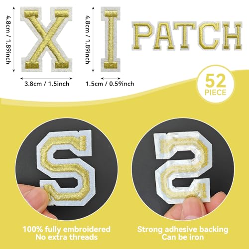 J.CARP 52Pcs Gold Alphabet A to Z Patches, Iron on Sew on Letters for Clothing, Hats, Shoes, Backpacks, Handbags, Jeans, Jackets etc. - color: 52pcs, Gold