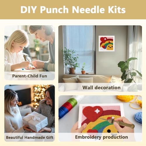 DOODLREAM Cute Rainbow Needle Kit for Beginner, 9.4"x 9.4" Red Heart Punch Stitching Craft Set, DIY Embroidery Starter with Printed Frame, Instruction, Threader, Yarn, Pinch Needle - color: Rainbow