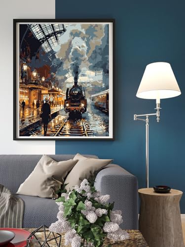 Moohue 14ct Counted Cross Stitch Kits for Adults Train Station Printed Stamped Cross Stitch Patterns Kits Cross Stitch Supplies (Train Station) - color: Train Station