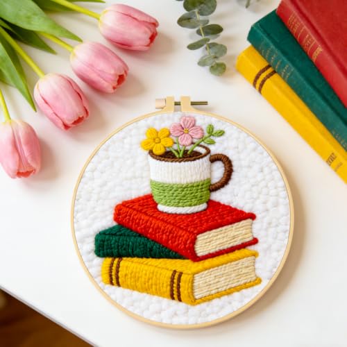 INFUNLY Books Flowers Punch Needle Kit for Beginners Floral Punch Needle Embroidery Kits for Adults 8.7''x8.7'' DIY Punch-Stitching Kit with Instruction Threader Needles Round Hoop for Wall Decor