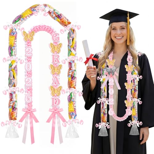 JenPen 2026 Graduation Leis Candy Lei Kit, 2026 Graduation Ribbon Woven Double Braided Necklace DIY Kit for High School College Women Men Graduate Gift Party Supplies - color: Pinkish White