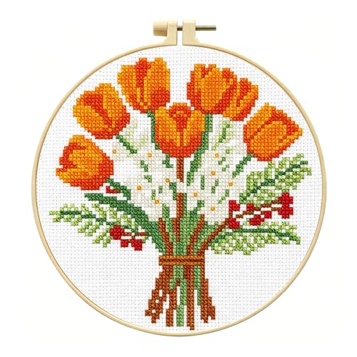 Zhenqing Orange Tulip Bouquet Cross Stitch Kit for Beginners - Complete Set with Pre-Printed 11CT 24x24cm Fabric, Hoop & Threads(70359) - color: 70359