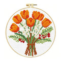 Zhenqing Orange Tulip Bouquet Cross Stitch Kit for Beginners - Complete Set with Pre-Printed 11CT 24x24cm Fabric, Hoop & Threads(70359) - color: 70359