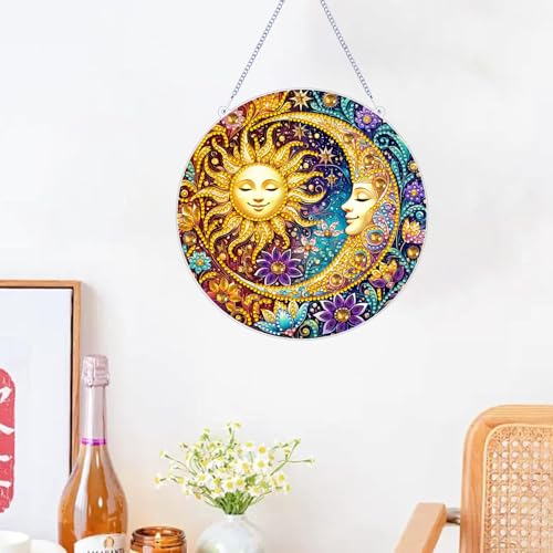 ZeeLionArt Hanging Diamond Art Kits for Adults,Sun and Moon Pendant Diamonds Painting Art Kit,7.1x7.1inch Acrylic Diamonds Painting Board Kit Ornament, Special Crystal Diamond Hanging Ornament - color: DP04159