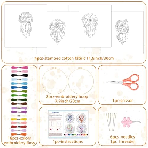 BEUNITONE 4 Set Dream Catcher Embroidery Kit for Beginners 7.9"x7.9" - style: D-Dreamcatcher